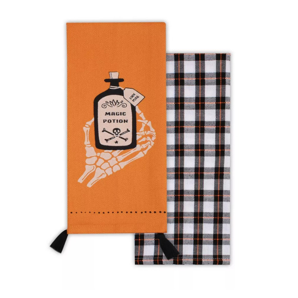 Halloween Kitchen Towel Set – Magic Potion Skeleton Hand & Plaid Dish Towels - Picture 1 of 3